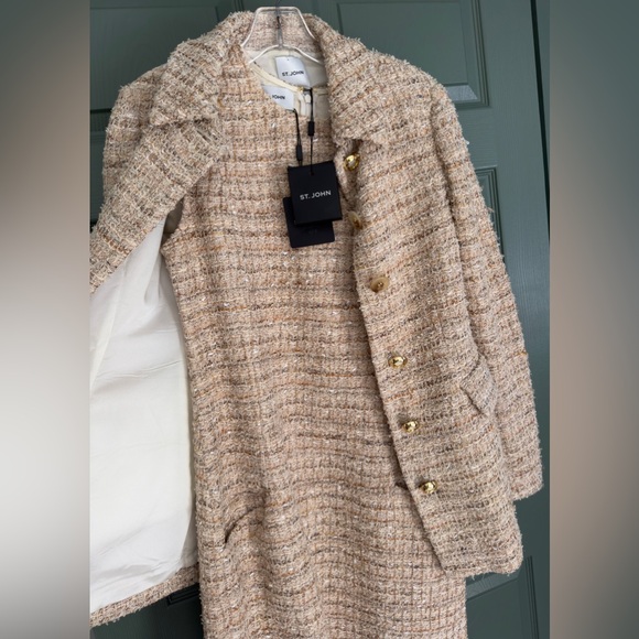 NEW ST. JOHN NUBBY BOUCLE SLEEVELESS DRESS & JACKET SUIT SET 4 8 NEUTRAL TAN NWT - Picture 4 of 13